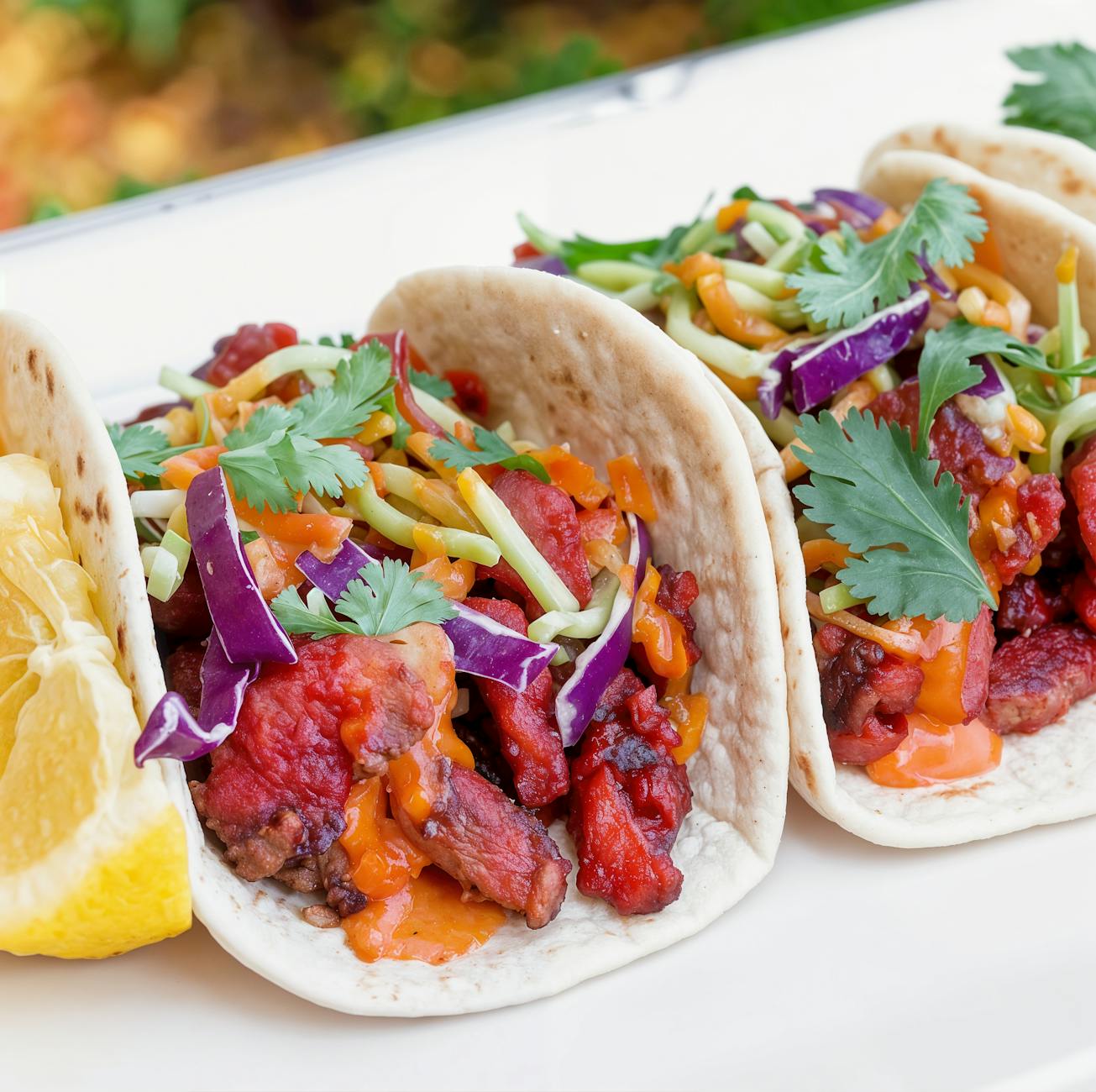 Tacos w azjatyckim stylu z kolendrą i cząstką cytryny